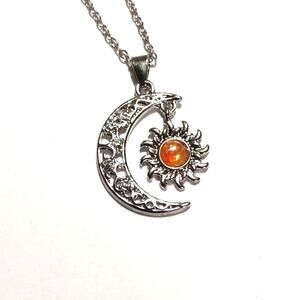 925 Silver Necklace Sun Moon orange Moonstone gemstone Valentines Birthday Gift